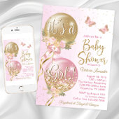 Pink Gold Balloons Butterfly Baby Shower Invitation
