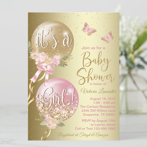 Pink Gold Balloons Butterfly Baby Shower Invitation