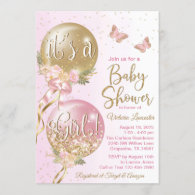 Pink Gold Balloons Butterfly Baby Shower Invitation