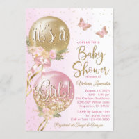 Pink Gold Balloons Butterfly Baby Shower Invitation