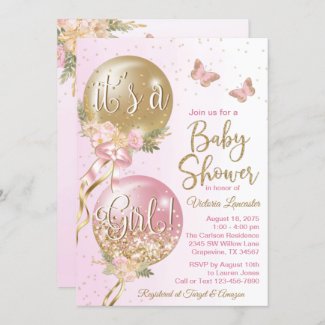 Pink Gold Baby Shower Invitation with Balloons and Butterfly