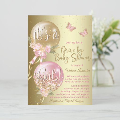 Pink Gold Balloons Butterfly Covid Baby Shower Invitation Zazzle
