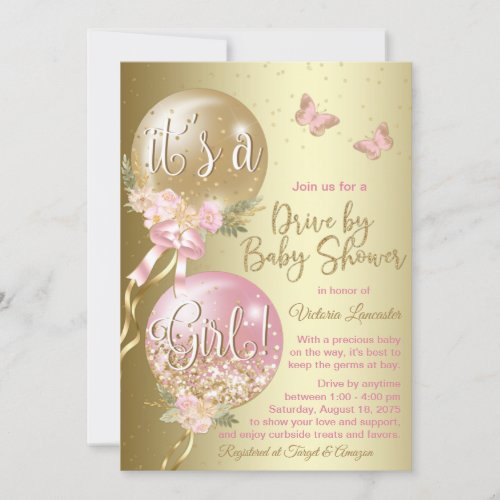 Pink Gold Balloons Butterfly Covid Baby Shower Invitation
