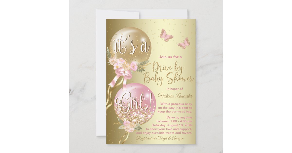 Pink Gold Balloons Butterfly Covid Baby Shower Invitation Zazzle