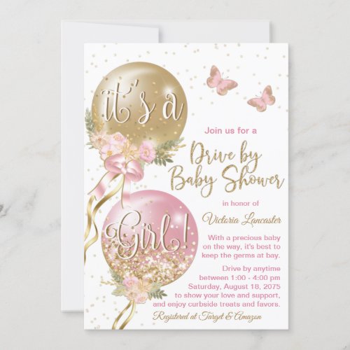 Pink Gold Balloons Butterfly Covid Baby Shower Invitation