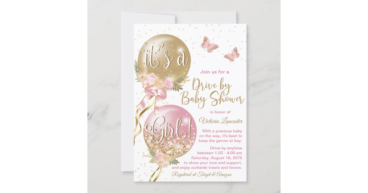 Pink Gold Balloons Butterfly Covid Baby Shower Invitation Zazzle