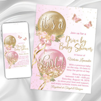 Pink Gold Balloons Butterfly Drive By Baby Shower Invitation by The_Baby_Boutique at Zazzle