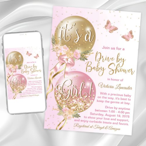 Pink Gold Balloons Butterfly Drive By Baby Shower Invitation