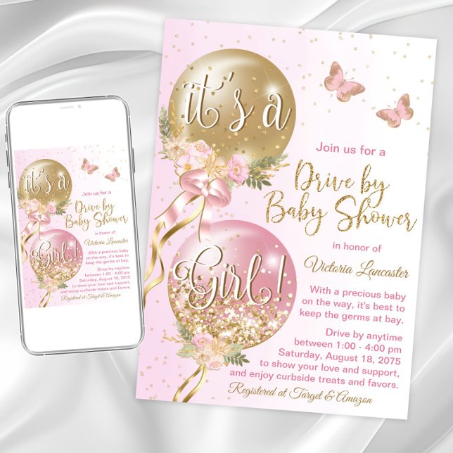 Pink Gold Balloons Butterfly Drive By Baby Shower Invitation (Cute pink gold drive by shower  invitation. Instant download and printed invitations available.)