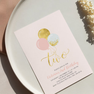 Pink & Gold Balloons Girl 2nd Birthday Party Inv Invitation