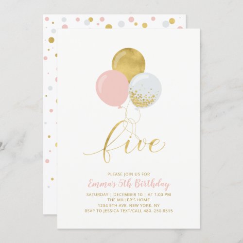 Pink  Gold Balloons  Girl 5th Birthday Party Invitation