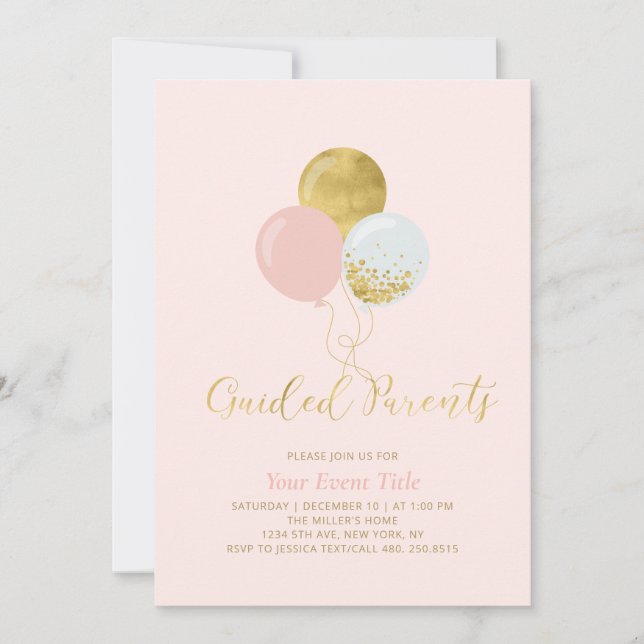 Pink & Gold Balloons Guided Parents Invitation (Front)