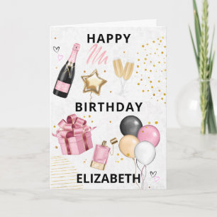 Pink Gold Balloons Happy Birthday Holiday Card