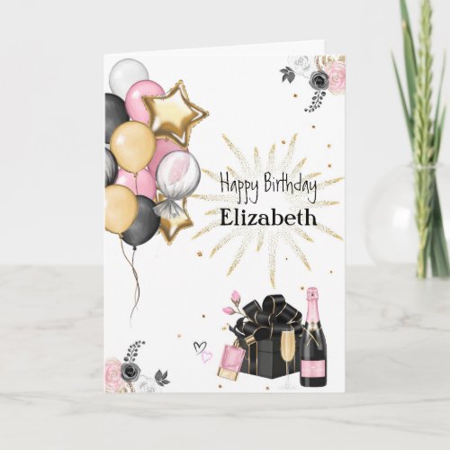 Pink Gold Balloons Happy Birthday Holiday Card