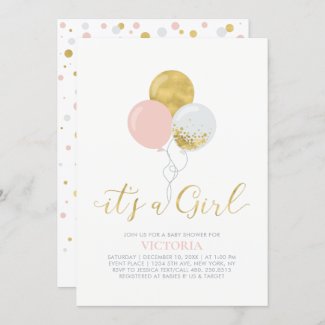 Pink & Gold Balloons | It's a Girl Baby Shower Invitation