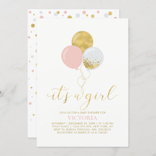 Pink & Gold Balloons It's a Girl Baby Shower Invitation