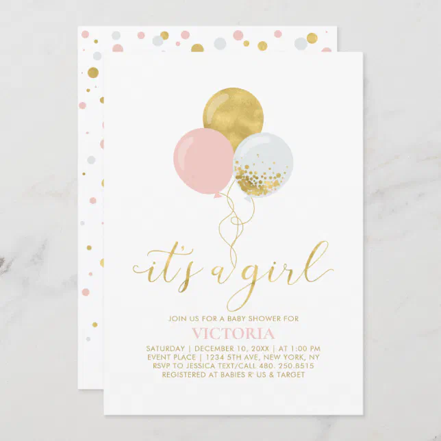 Pink & Gold Balloons | It's a Girl Baby Shower Invitation | Zazzle