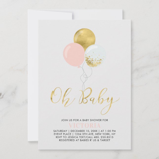 Pink & Gold Balloons | Oh Baby Girl Baby Shower Invitation (Front)