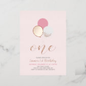 Pink & Gold Balloons | One 1st Girl Birthday Party Foil Invitation (Standing Front)