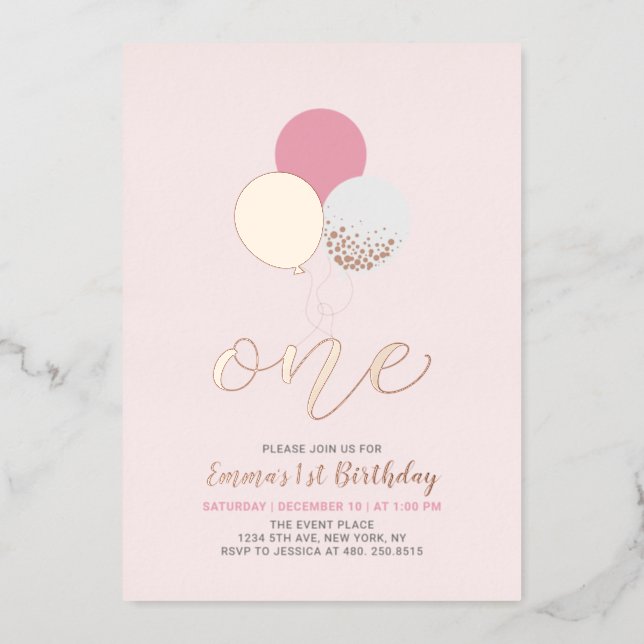 Pink & Gold Balloons | One 1st Girl Birthday Party Foil Invitation (Front)
