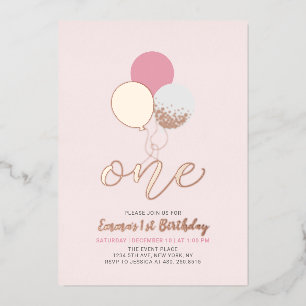 Pink & Gold Balloons   One 1st Girl Birthday Party Foil Invitation