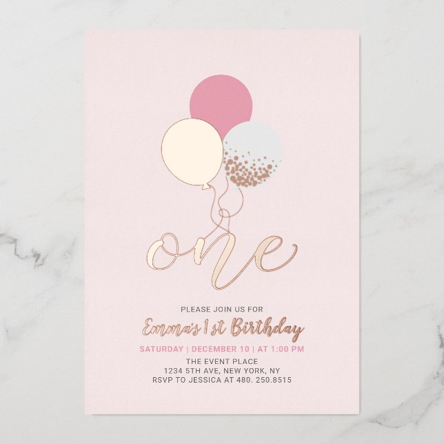 Pink & Gold Balloons | One 1st Girl Birthday Party Foil Invitation (Front)