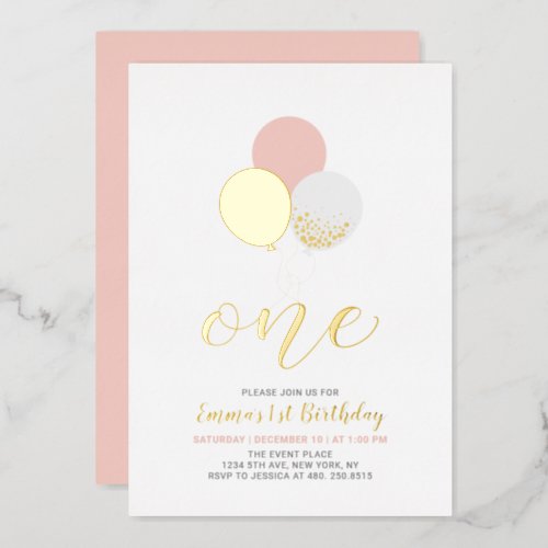 Pink  Gold Balloons  One 1st Girl Birthday Party Foil Invitation