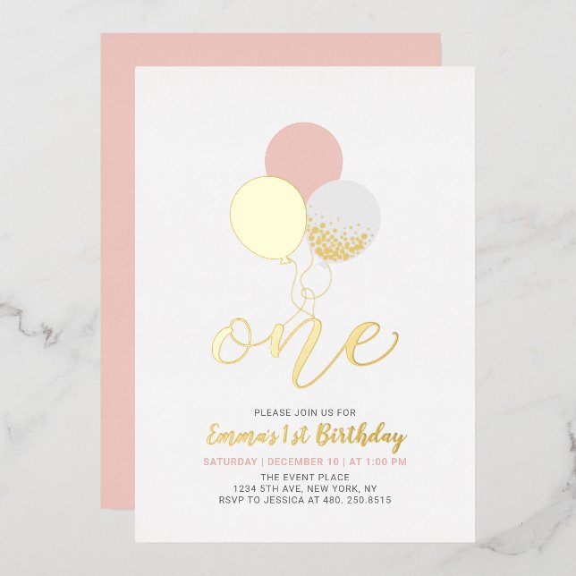 Pink & Gold Balloons | One 1st Girl Birthday Party Foil Invitation (Front/Back)