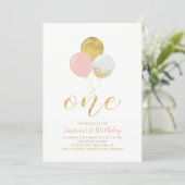 Pink & Gold Balloons | One 1st Girl Birthday Party Invitation (Standing Front)