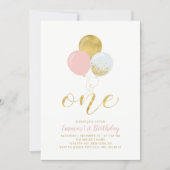 Pink & Gold Balloons | One 1st Girl Birthday Party Invitation (Front)