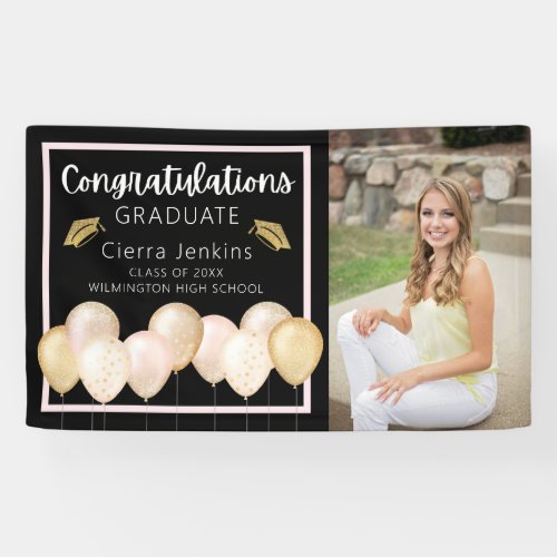 Pink Gold Balloons Photo Graduation Black Banner