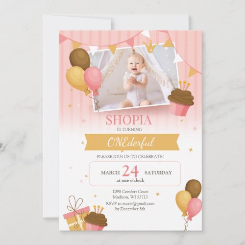 Pink Gold Baloon with Photo 1st Birthday Invitatio Invitation