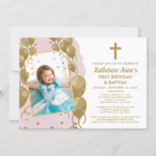 Pink Gold Baptism 1st Birthday Text Photo Invitation