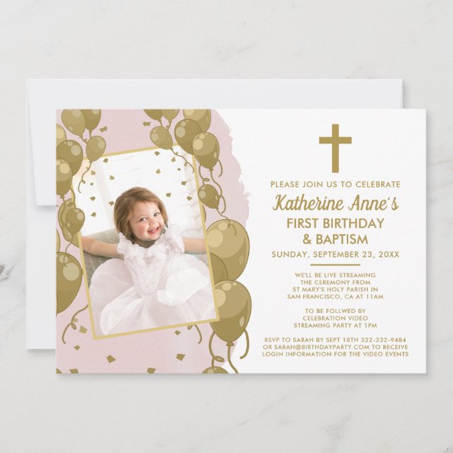 Pink Gold Baptism 1st Birthday Virtual  Text Photo Invitation (Front)