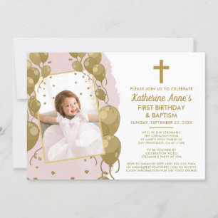 Pink Gold Baptism 1st Birthday Virtual Text Photo Invitation
