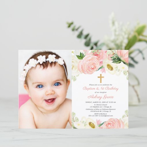 Pink gold baptism and 1st birthday photo girl invitation | Zazzle