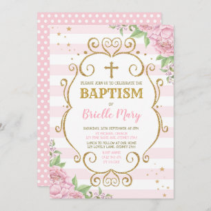 Pink Gold Baptism Christening Floral Princess Invitation