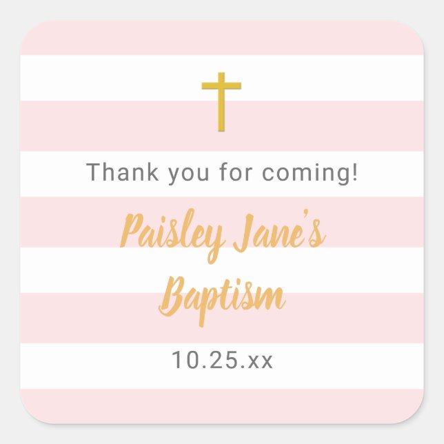 Pink Gold Baptism thank you favor sticker (Front)