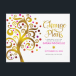 Pink Gold Bat Mitzvah Change of Plans Tree of Life Invitation Postcard<br><div class="desc">Make sure all your friends and relatives will still be able to celebrate your daughter’s milestone Bat Mitzvah, regardless of current global unforeseen circumstances. Send out this stunning, graphic faux gold foil tree with sparkly pink, orange, and red Star of David and dot “leaves” on a white background, personalized “Change...</div>