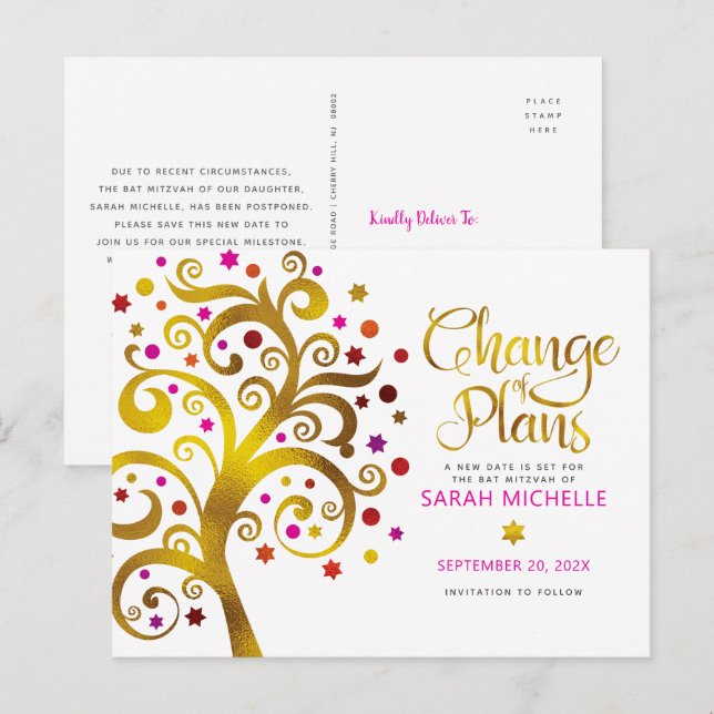 Pink Gold Bat Mitzvah Change of Plans Tree of Life Invitation Postcard (Front/Back)