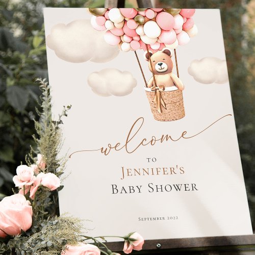 Pink Gold Bear Balloons Baby Shower Welcome Sign