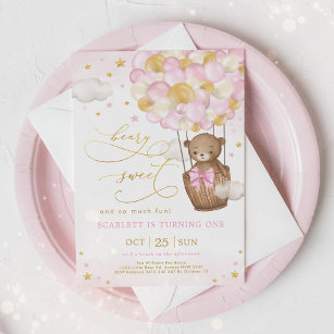 Pink Gold Bear Hot Air Balloon Girl 1st Birthday Invitation