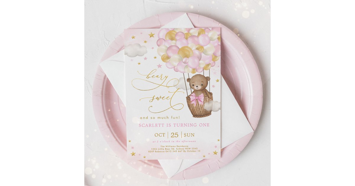 Pink Gold Bear Hot Air Balloon Girl 1st Birthday Invitation | Zazzle