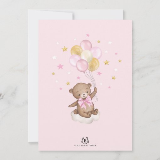Pink Gold Bear Hot Air Balloon Girl 1st Birthday Invitation | Zazzle