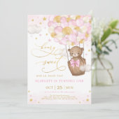 Pink Gold Bear Hot Air Balloon Girl 1st Birthday Invitation (Standing Front)
