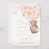 Pink Gold Bear Hot Air Balloon Girl 1st Birthday Invitation (Front)