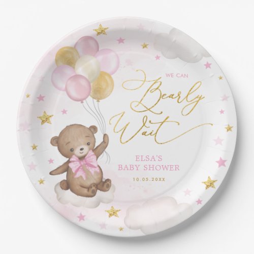 Pink Gold Bear with Balloons Starry Sky Baby Girl Paper Plates