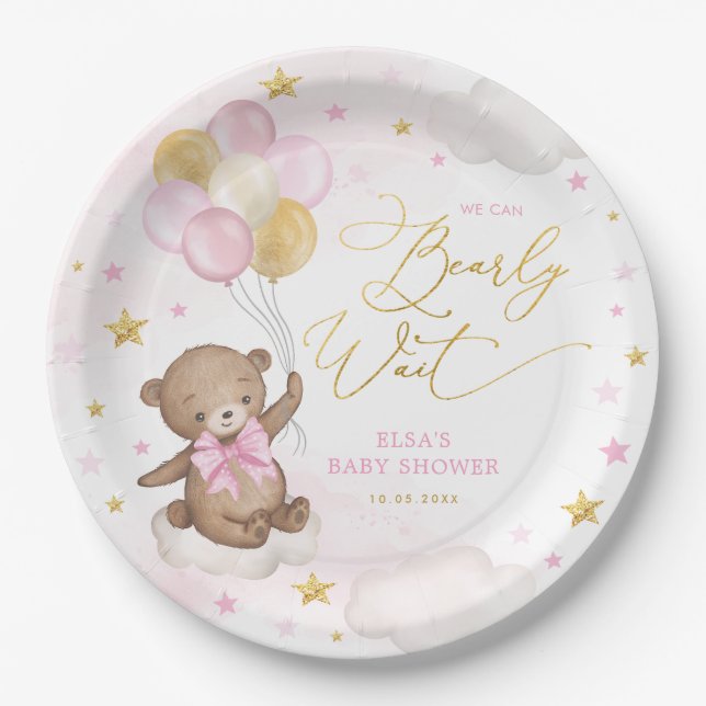Pink Gold Bear with Balloons Starry Sky Baby Girl Paper Plates (Front)