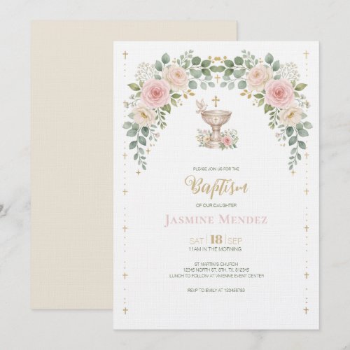 Pink Gold Beige Dove  Floral Girl Baptism  Invitation