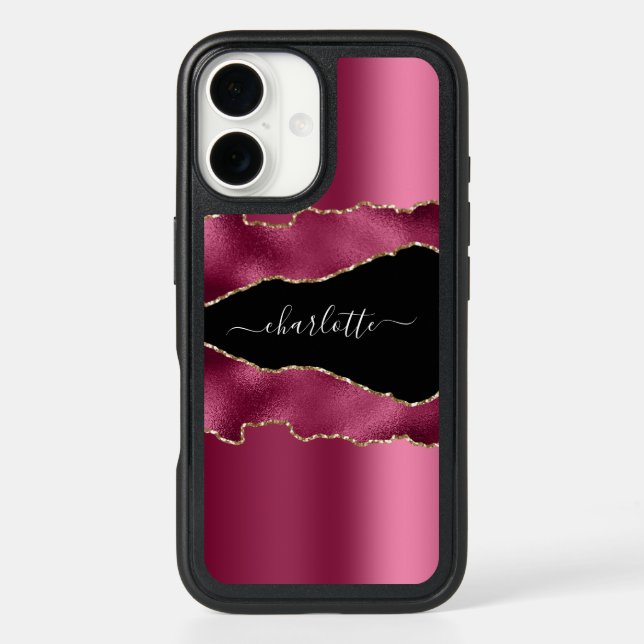 Pink gold black agate marble name script otterbox iPhone case (Back)
